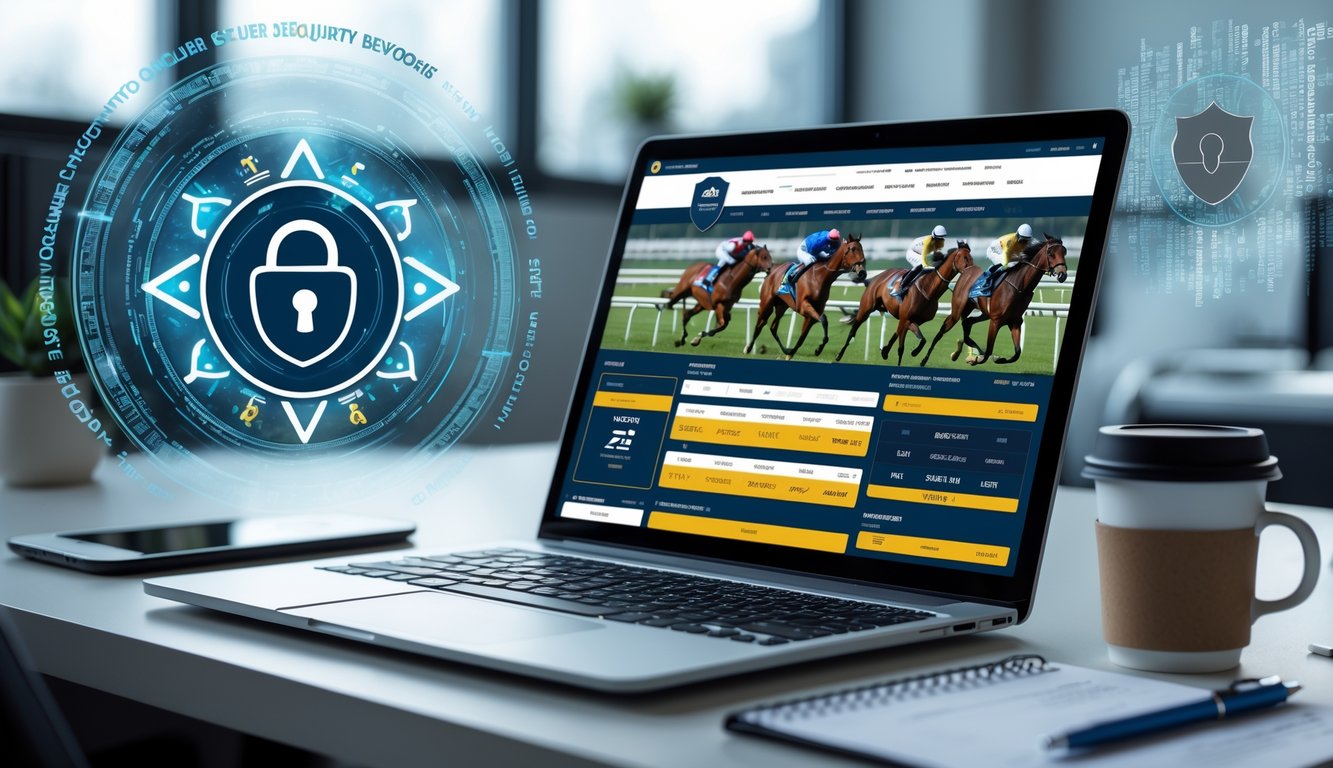 Sebuah meja kerja dengan komputer yang menampilkan situs balap kuda online dan simbol keamanan digital di latar belakang.