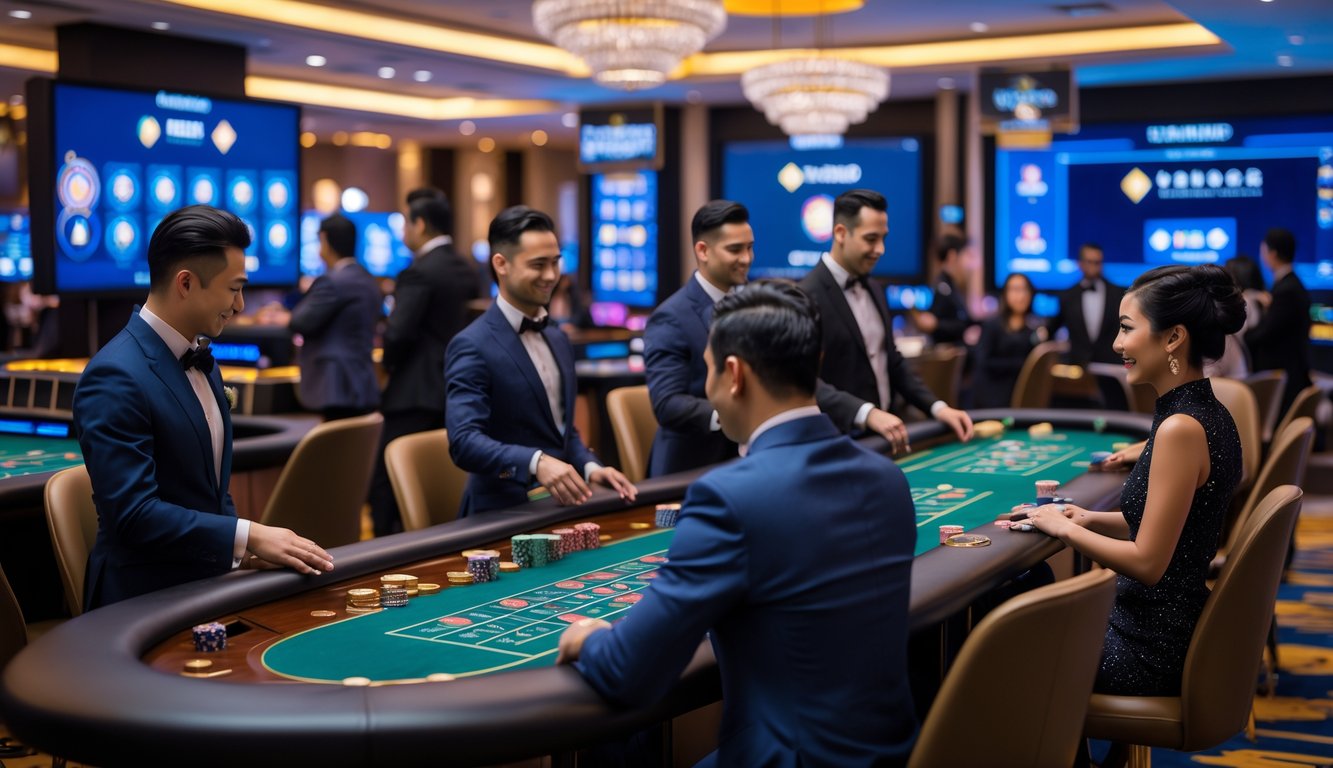 Orang-orang bermain permainan kasino langsung di meja kasino modern dengan dealer dan layar digital di latar belakang.