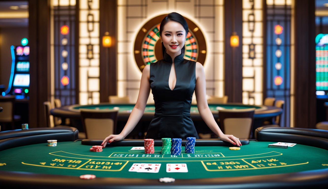 Seorang dealer wanita berdiri di belakang meja kasino dengan chip poker dan kartu, suasana kasino yang elegan dan modern dengan elemen dekorasi Asia.