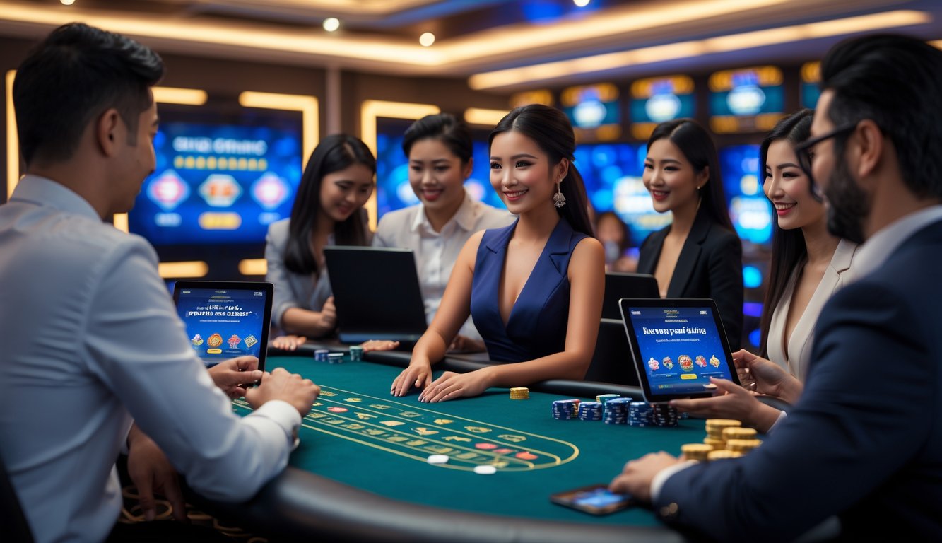 Seorang dealer wanita di meja kasino live dengan beberapa pemain yang menggunakan perangkat digital untuk bermain bersama dalam suasana kasino modern.