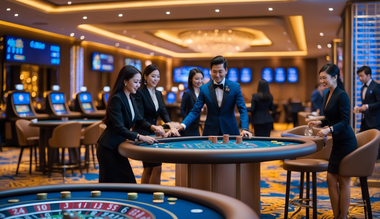 Suasana kasino langsung yang elegan dengan meja permainan dan dealer yang sedang melayani pemain.