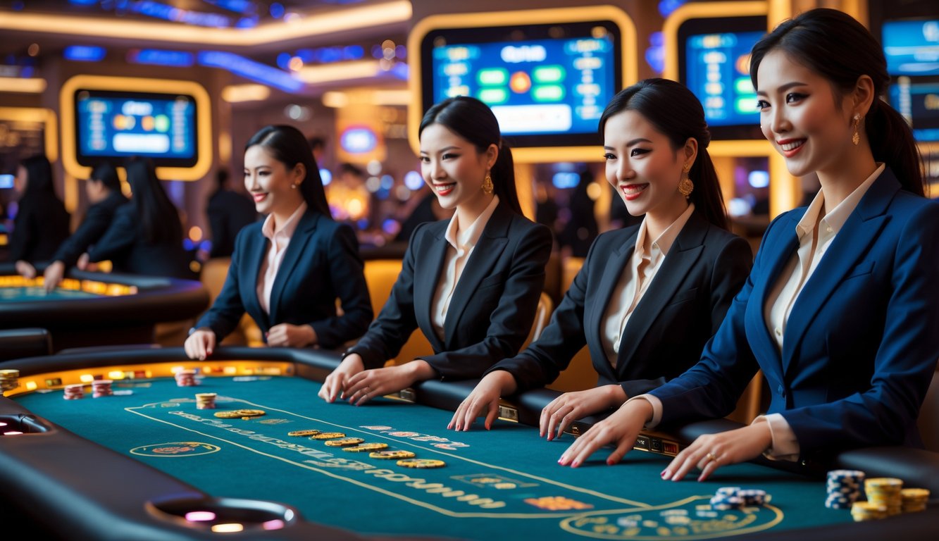 Suasana kasino langsung dengan dealer wanita dan pemain yang sedang bermain di meja permainan yang modern dan terang.