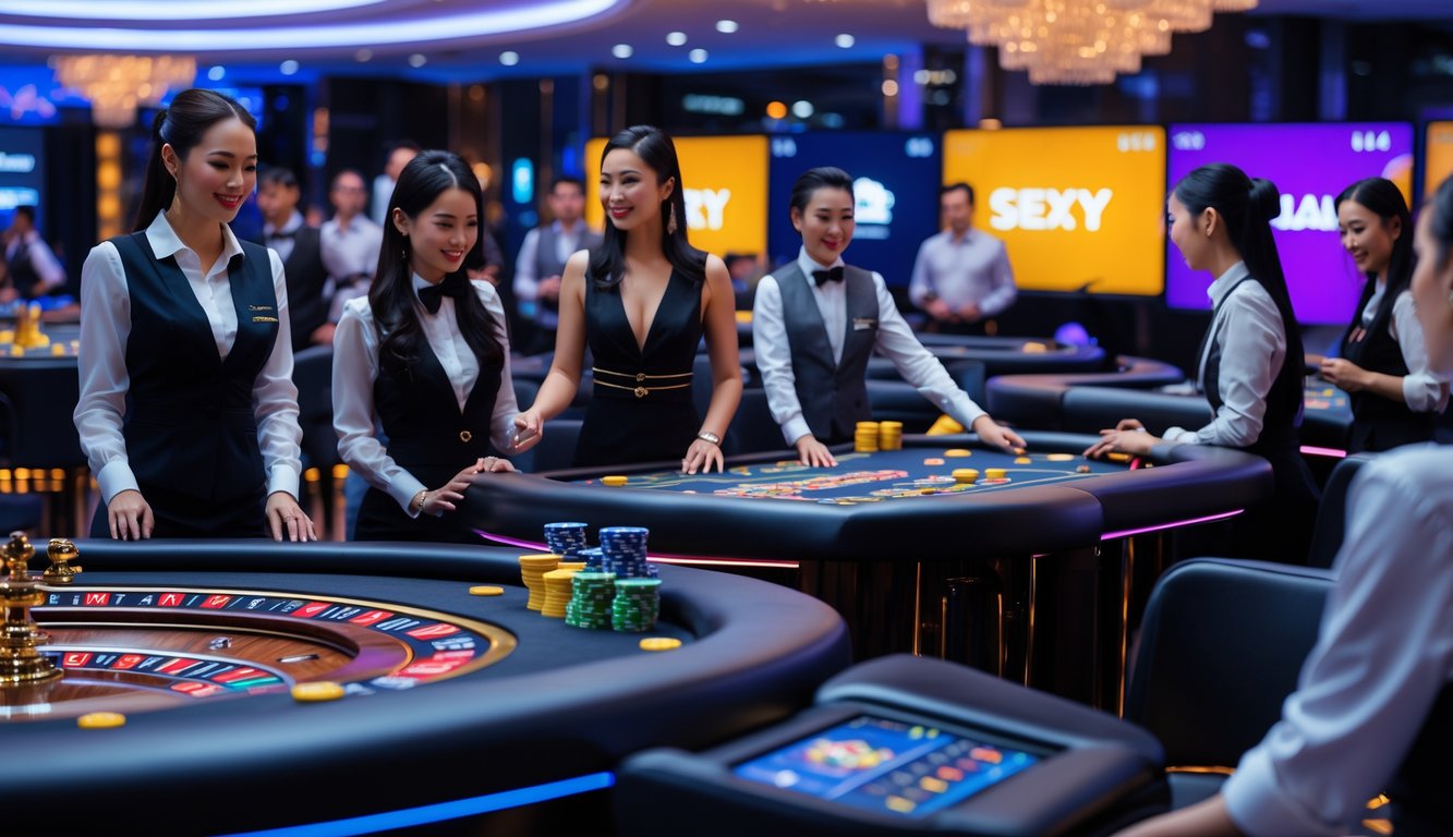Suasana kasino langsung dengan dealer profesional dan pemain yang sedang bermain di meja permainan.