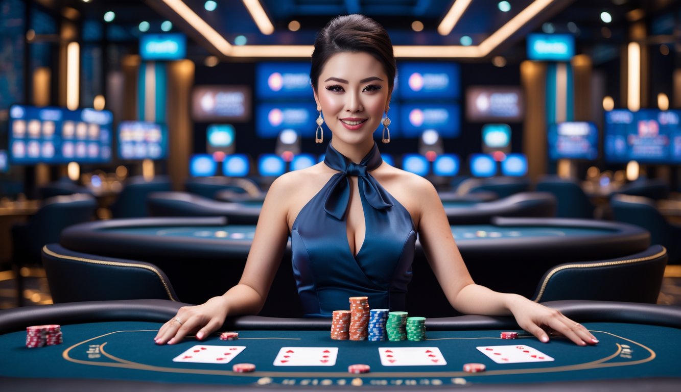 Seorang dealer wanita profesional sedang duduk di meja permainan kasino langsung dengan latar studio yang modern dan pencahayaan yang hangat.