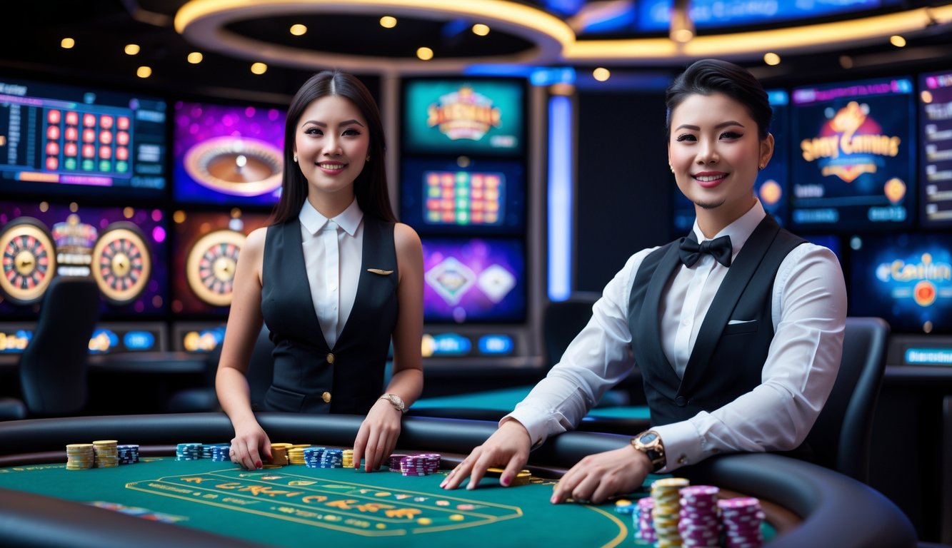 Dua dealer profesional di studio kasino online dengan meja permainan dan layar digital di latar belakang.