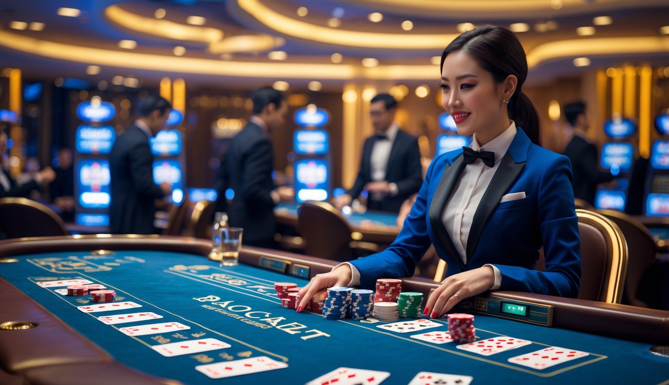 Seorang dealer wanita di meja baccarat dalam suasana kasino langsung yang mewah dengan pemain yang fokus bermain.