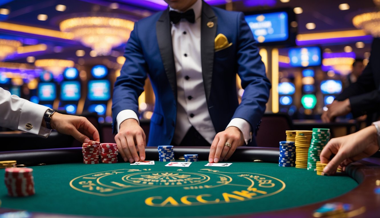 Seorang dealer sedang membagikan kartu di meja Baccarat di kasino langsung dengan pemain yang memasang taruhan menggunakan chip warna-warni.