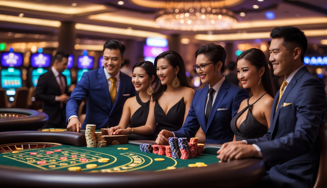 Suasana kasino langsung yang mewah dengan pemain dan dealer yang sedang bermain di meja permainan dengan pencahayaan hangat.