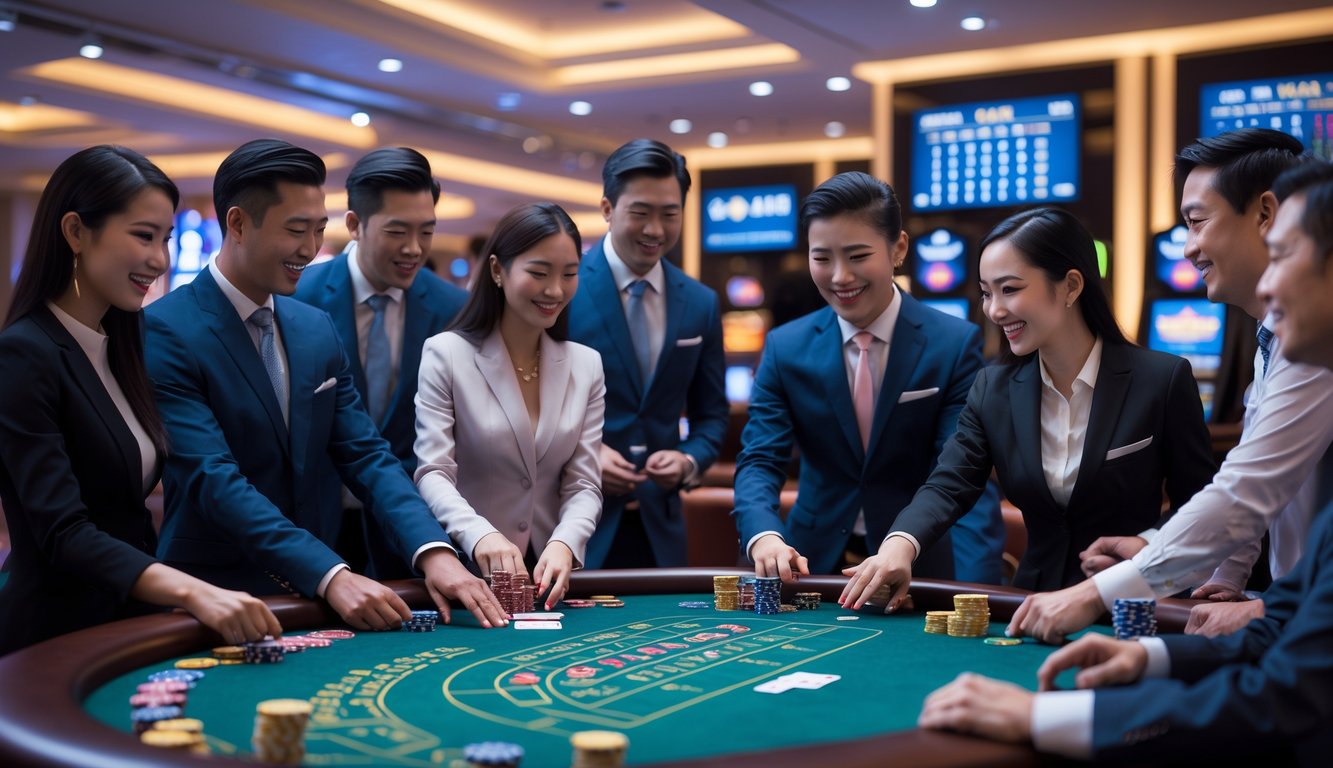 Orang-orang bermain permainan kasino langsung di meja kasino dengan dealer profesional dan suasana yang ramai.
