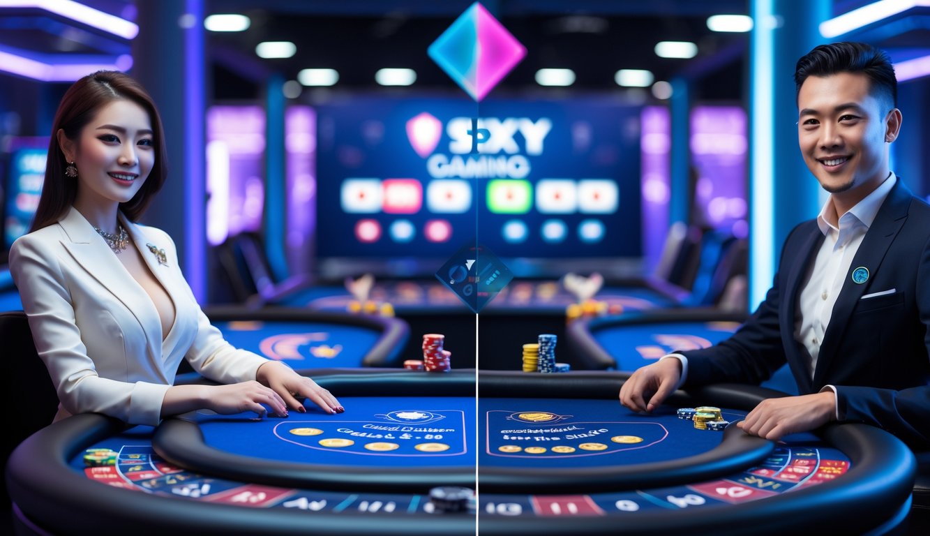 Dua meja dealer langsung di kasino online dengan dealer pria dan wanita yang sedang bermain kartu dan berinteraksi dengan pemain.