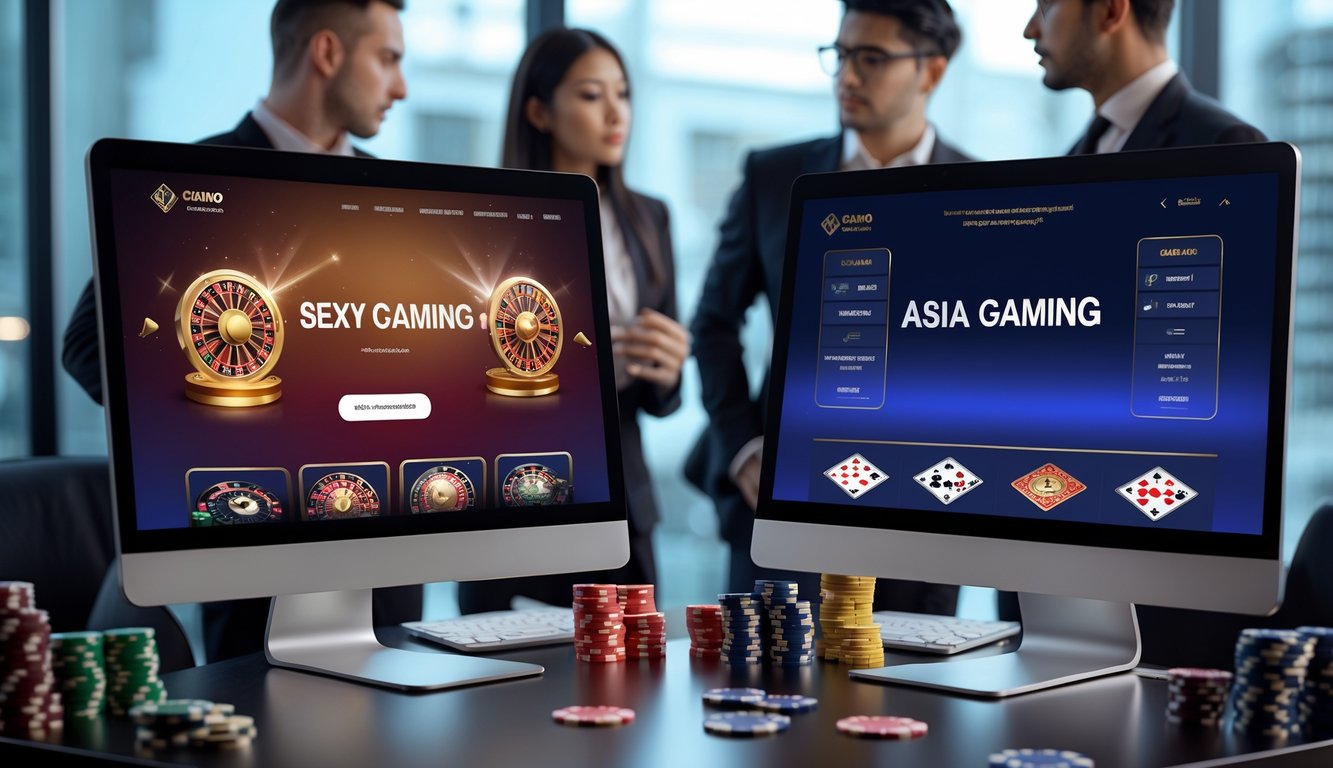 Dua layar digital berdampingan menampilkan antarmuka platform kasino langsung yang berbeda, dengan sekelompok profesional berdiskusi di antara mereka.