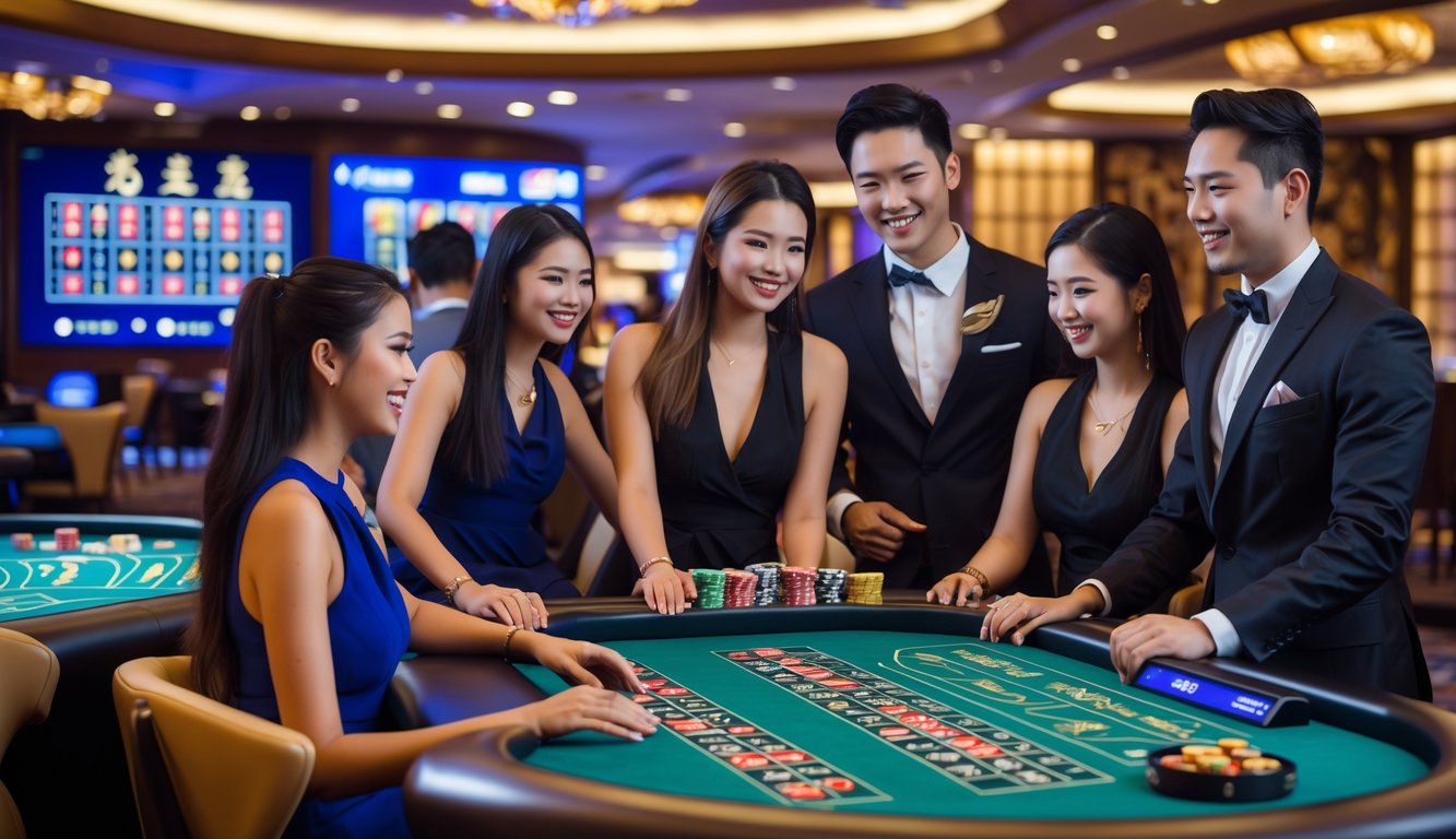Sejumlah orang muda yang menarik dan berpakaian rapi bermain permainan kasino langsung di meja permainan dengan suasana mewah dan pencahayaan hangat.