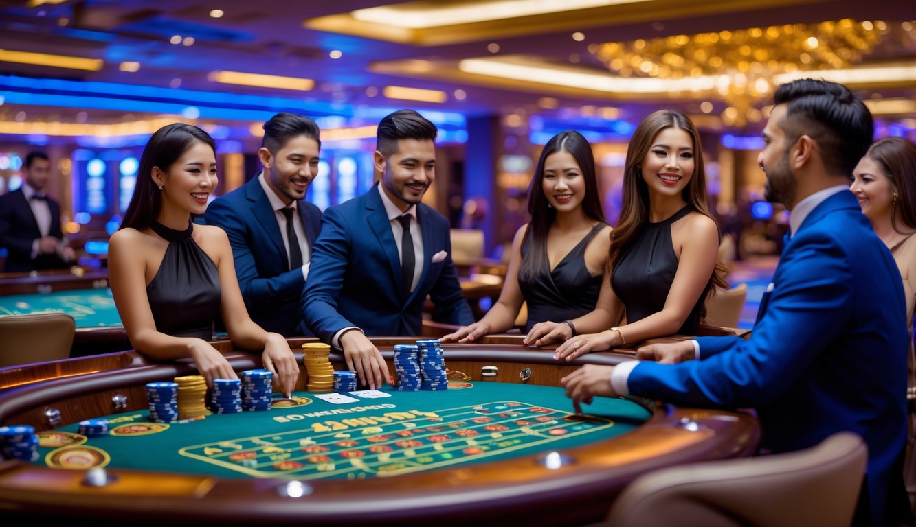 Suasana kasino langsung yang mewah dengan pemain dan dealer yang berinteraksi di meja permainan.