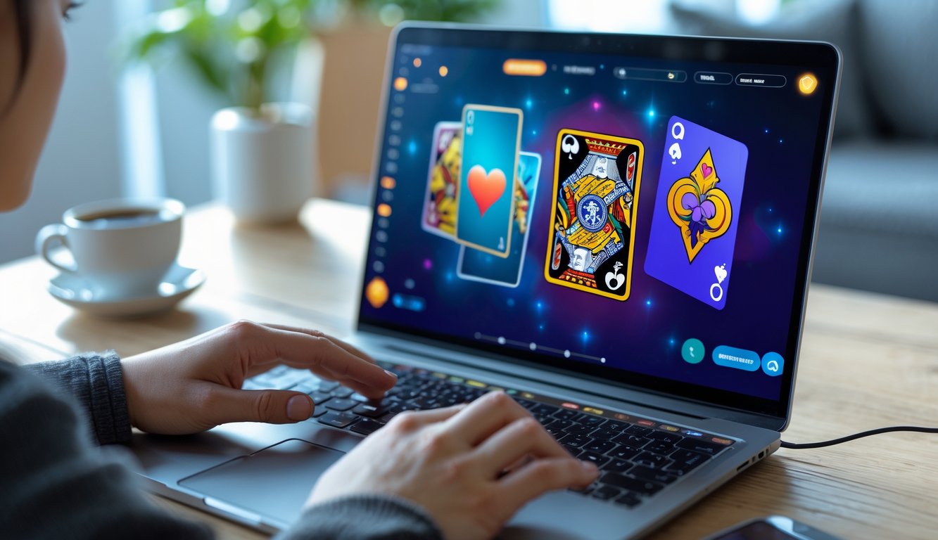 Seseorang menggunakan laptop dengan tampilan permainan kartu online Capsa di layar dalam suasana ruang kerja yang rapi dan terang.