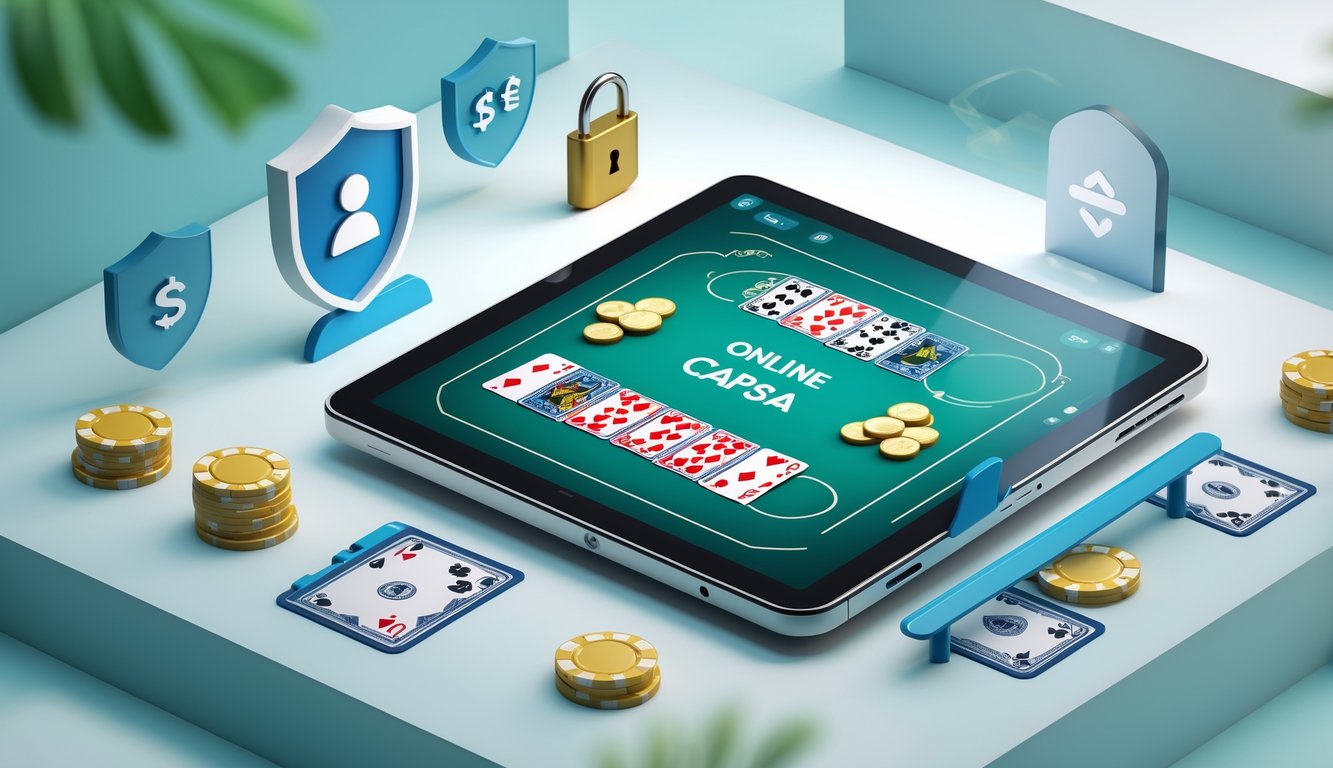 Seorang pengguna sedang bermain permainan Capsa online di laptop dengan kartu dan chip di layar, dikelilingi simbol keamanan dan uang.