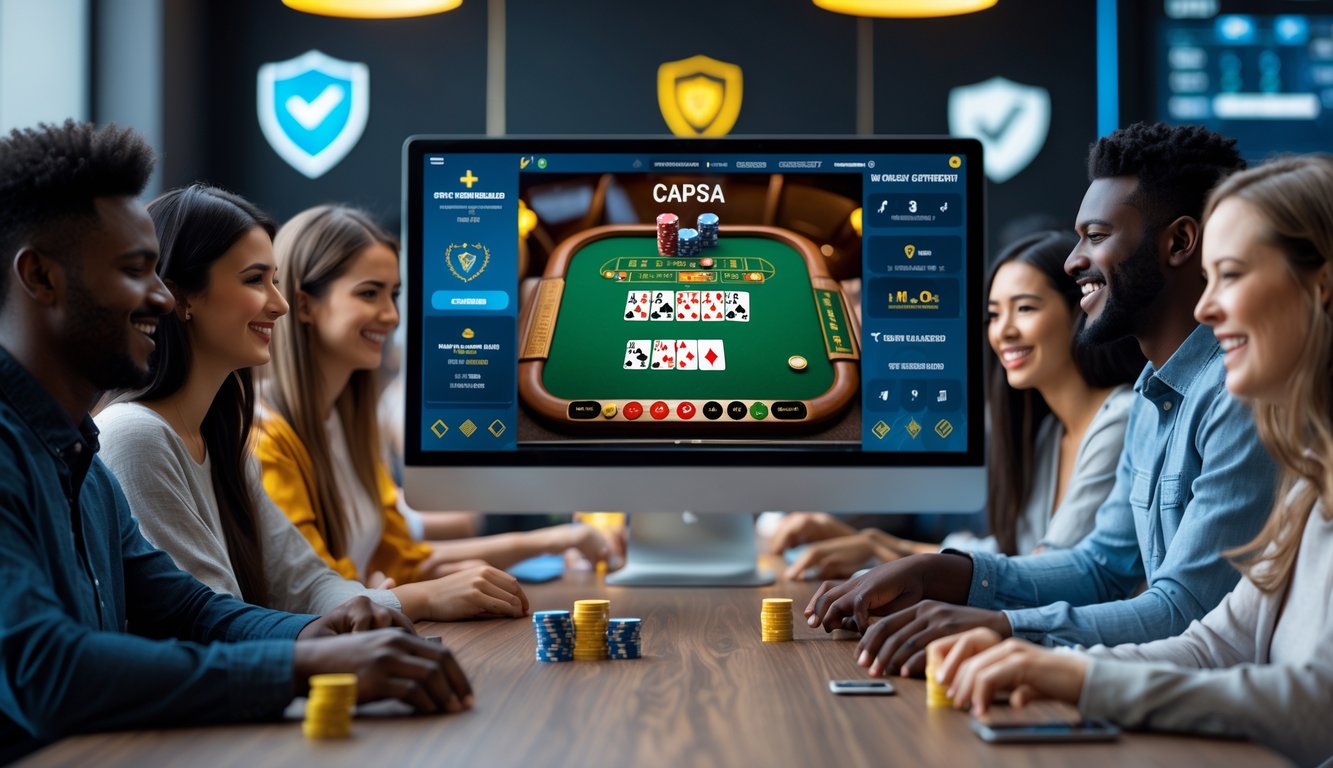 Beberapa orang muda bermain Capsa online di depan komputer dengan suasana yang profesional dan aman.