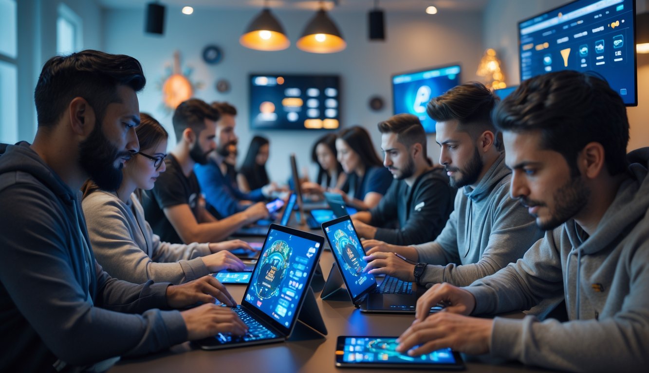 Beberapa orang sedang bermain permainan kartu online bersama di sebuah ruangan modern yang terang dan nyaman.