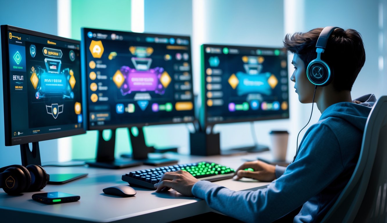 Seorang dewasa muda duduk di meja dengan beberapa monitor komputer menampilkan permainan kartu digital Capsa, suasana terang dan rapi dengan aksesori gaming di sekitar.