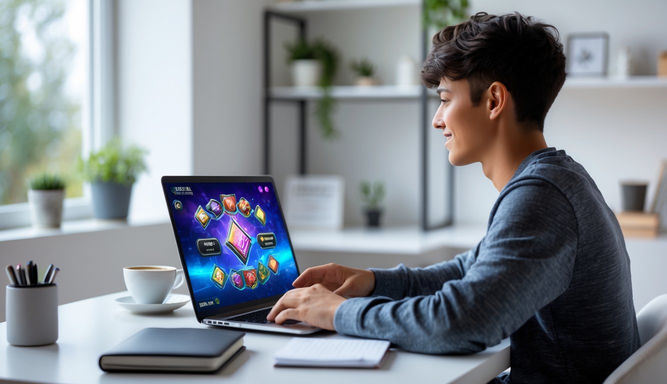 Seorang dewasa muda duduk di meja dengan laptop yang menampilkan permainan kartu online, terlihat fokus dan santai di ruang kerja rumah yang terang dan rapi.