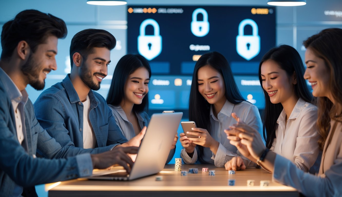 Sekelompok orang muda menggunakan laptop dan ponsel untuk bermain permainan kartu Capsa secara online di ruangan yang aman dan nyaman.
