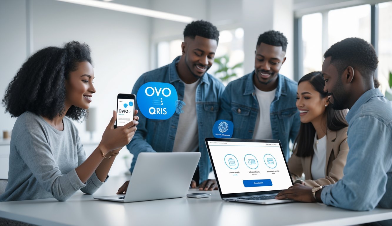 Sekelompok orang muda sedang menggunakan ponsel dan laptop untuk melakukan pembayaran dan deposit online dengan metode OVO dan QRIS di kantor modern.