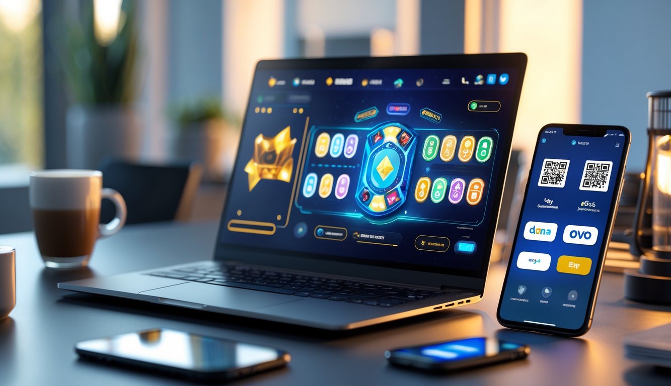 Meja kerja modern dengan laptop yang menampilkan permainan kartu online dan smartphone yang menunjukkan aplikasi pembayaran digital.