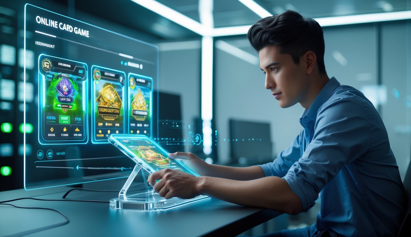 Seorang dewasa muda menggunakan perangkat layar sentuh transparan dengan latar belakang ruangan modern dan pencahayaan biru hijau yang menampilkan permainan kartu Capsa online.