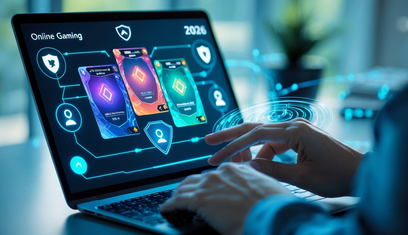Tangan seseorang menggunakan laptop dengan permainan kartu online di layar, dikelilingi oleh simbol keamanan dan koneksi yang stabil.