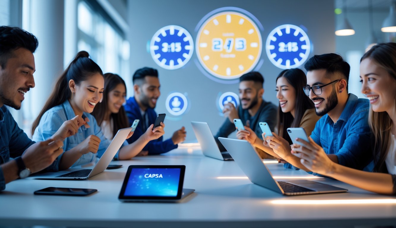 Sekelompok orang menggunakan perangkat digital untuk bermain Capsa online dengan suasana modern dan layanan 24 jam.