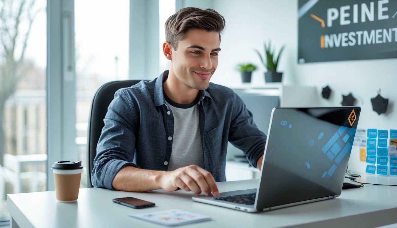 Seorang pria muda duduk di meja dengan laptop, fokus bermain permainan kartu online di ruang kerja rumah yang terang.