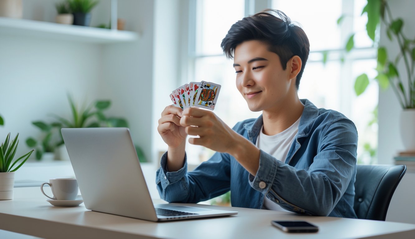 Seorang dewasa muda sedang bermain permainan kartu online di laptop di ruang kerja rumah yang terang dan rapi.