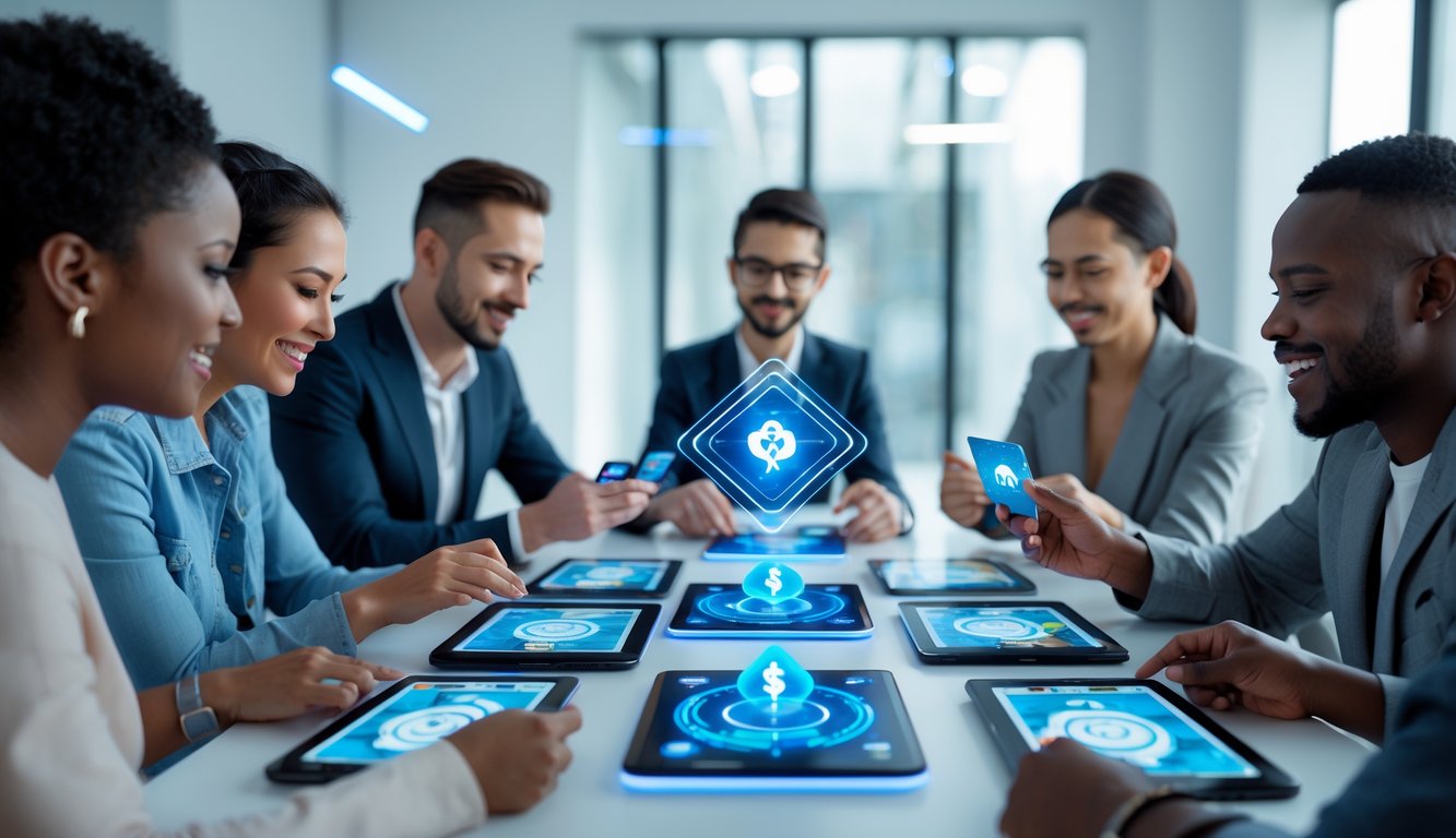 Sekelompok orang bermain permainan kartu digital bersama di ruangan modern yang terang dan bersih.