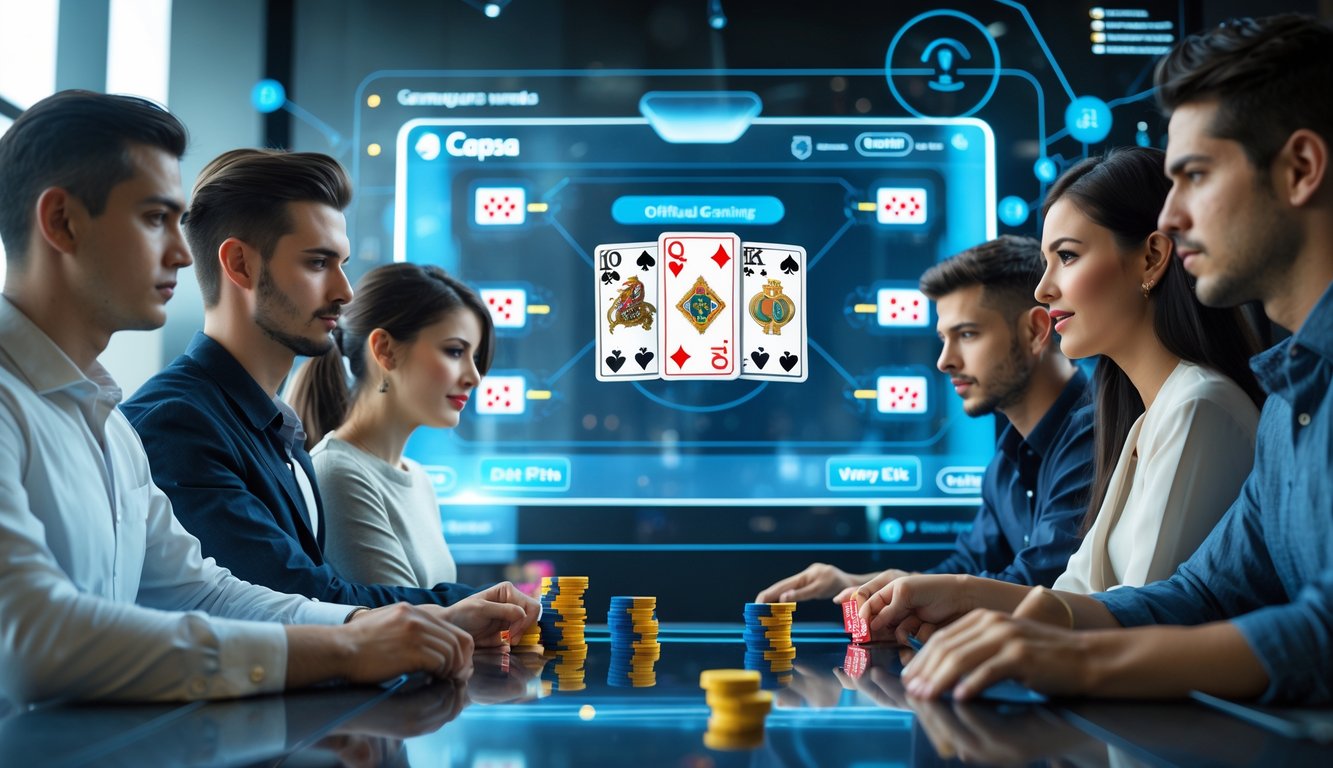 Sekelompok orang muda bermain permainan kartu Capsa online dengan antarmuka digital modern yang menunjukkan sistem permainan yang adil dan terpercaya.
