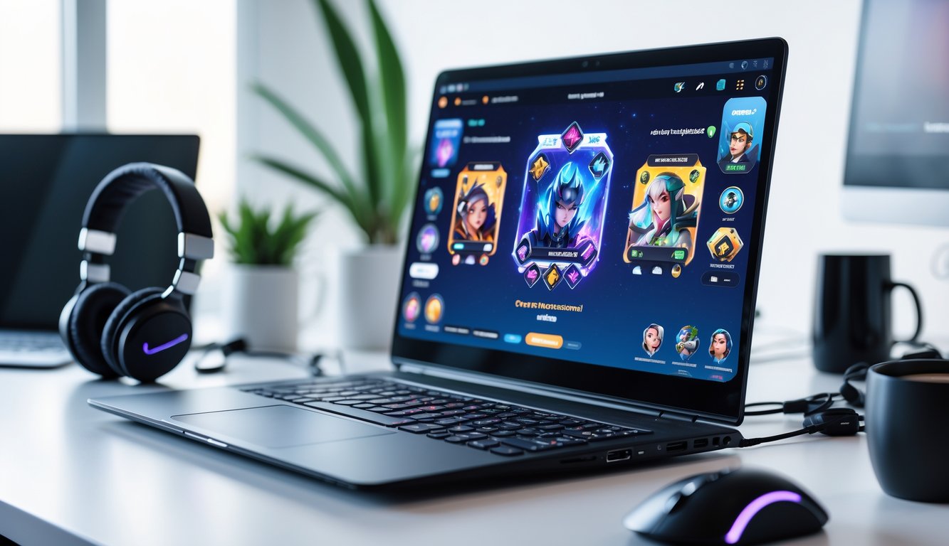 Meja kerja modern dengan laptop yang menampilkan permainan kartu online, dilengkapi aksesori gaming dan suasana kantor yang terang.