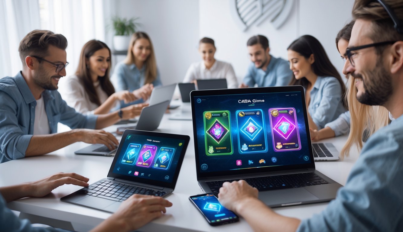 Beberapa orang menggunakan perangkat digital untuk bermain permainan kartu Capsa secara online di ruangan yang terang dan modern.