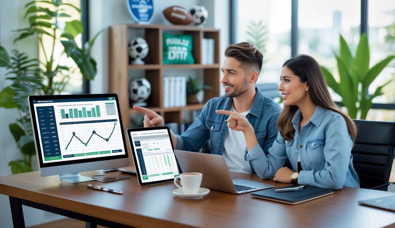 Dua orang muda sedang berdiskusi di meja kerja dengan laptop dan tablet yang menampilkan grafik dan data taruhan, di ruangan kantor yang terang dan rapi.