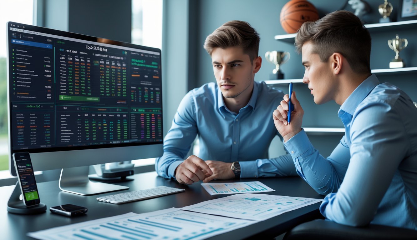 Seorang pria muda sedang menganalisis data taruhan olahraga menggunakan beberapa perangkat digital di sebuah kantor modern.