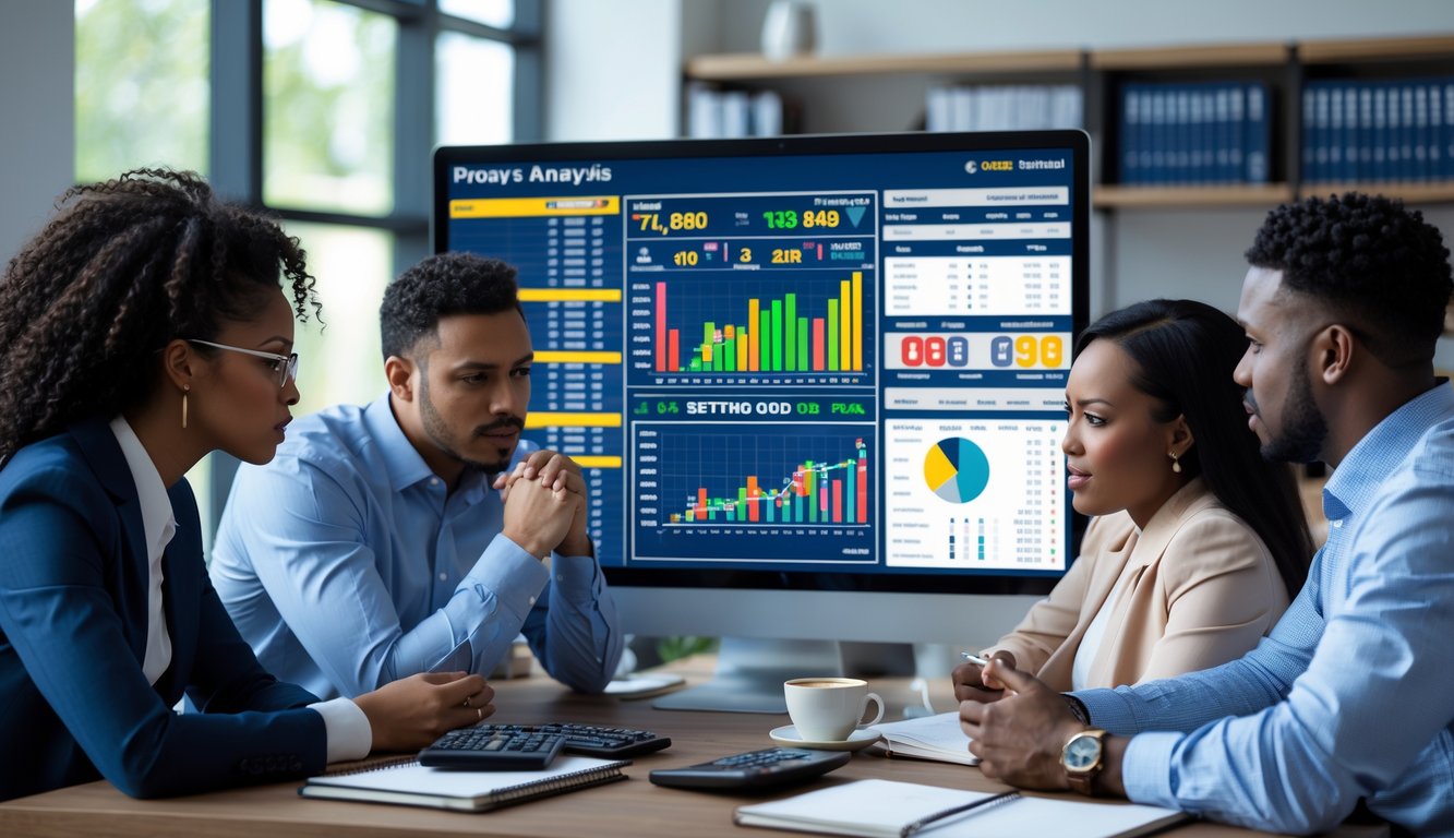 Tiga orang sedang berdiskusi serius di depan layar komputer yang menampilkan grafik dan data analisis taruhan parlay di sebuah kantor modern.