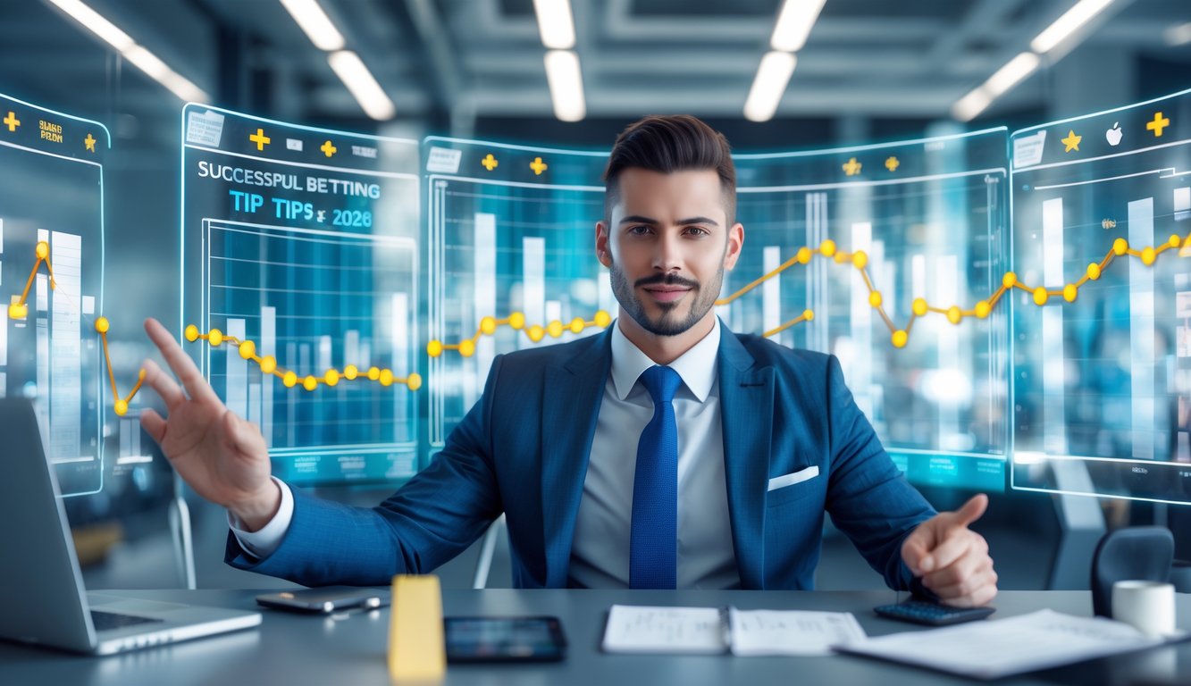 Seorang pria bisnis sedang menganalisis grafik taruhan di layar digital di kantor modern.