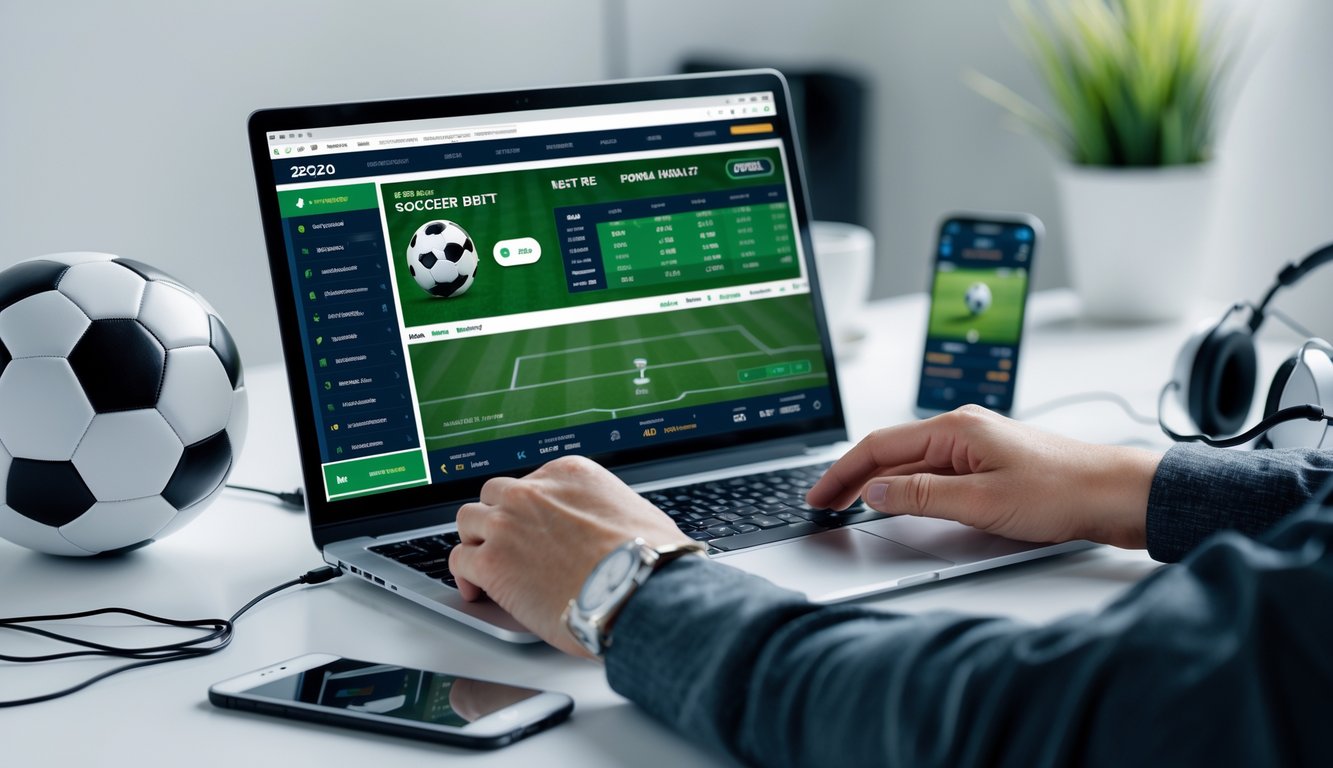 Seseorang menggunakan laptop dengan tampilan platform taruhan sepak bola online, di meja terdapat bola sepak dan ponsel dengan pembaruan pertandingan.