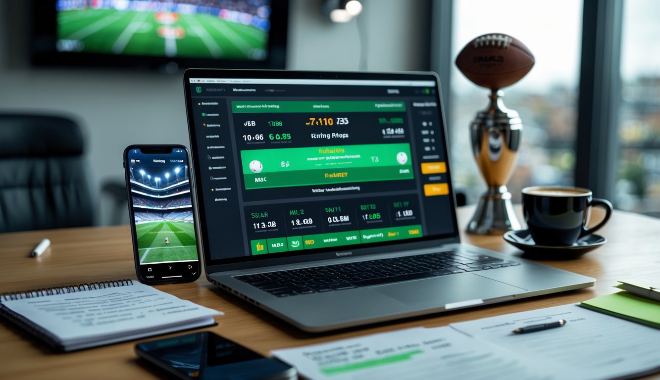 Seorang pria duduk di meja kerja dengan laptop yang menampilkan layar taruhan sepak bola, di sampingnya ada ponsel yang menunjukkan pertandingan sepak bola, buku catatan, dan secangkir kopi.