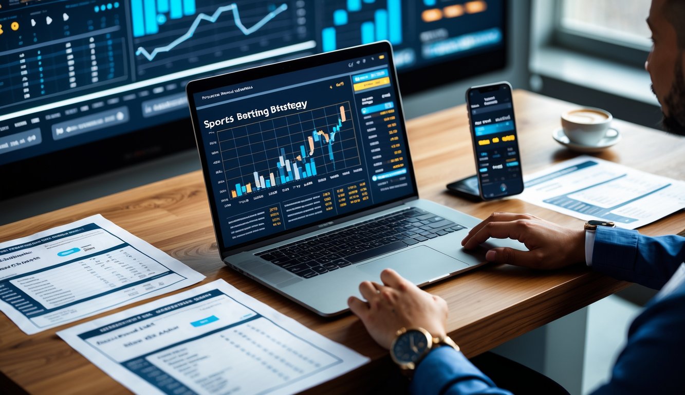 Meja kerja dengan laptop menampilkan grafik statistik tim dan perangkat lain seperti ponsel dan kertas berisi data taruhan olahraga.