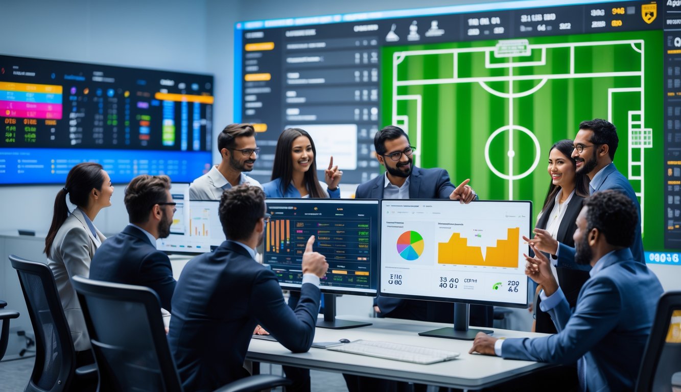 Ruang kerja dengan beberapa analis yang sedang membahas statistik tim sepak bola dan strategi taruhan dengan layar komputer menampilkan grafik dan data terkait.