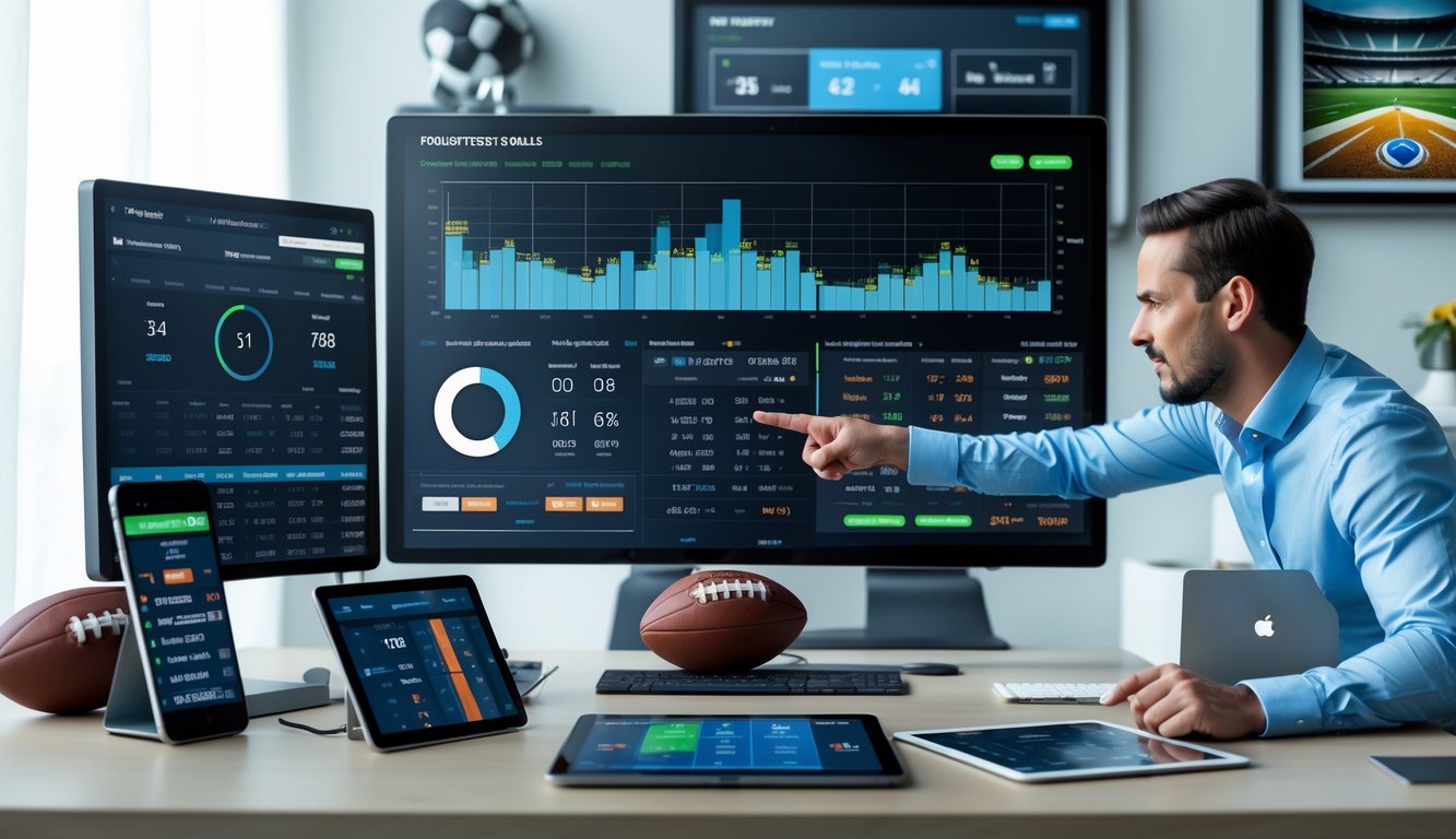 Seseorang sedang menganalisis data taruhan sepak bola di depan layar komputer dengan perangkat elektronik lain dan dekorasi bertema sepak bola di sekitarnya.