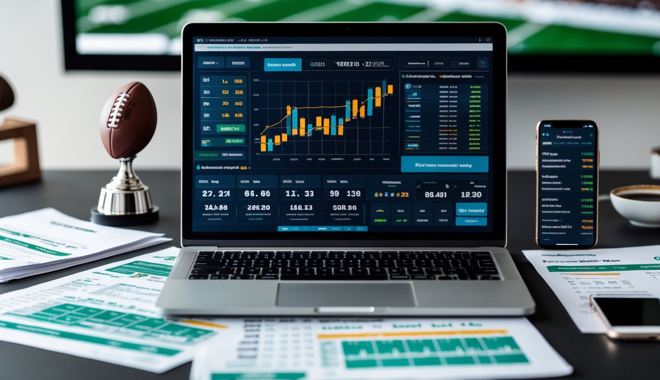 Meja kerja dengan laptop yang menampilkan data taruhan sepak bola, kertas statistik, ponsel dengan skor pertandingan, dan dekorasi bertema sepak bola.
