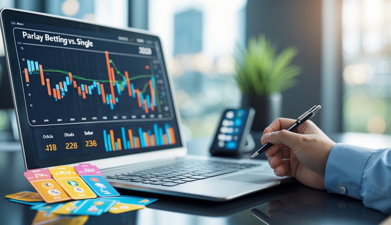 Seseorang sedang menganalisis data taruhan parlay dan taruhan tunggal di depan laptop dengan beberapa slip taruhan di meja.