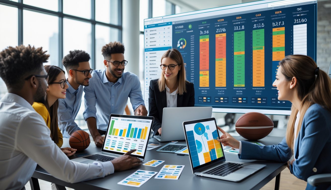 Sekelompok orang muda sedang berdiskusi di kantor dengan layar menampilkan grafik taruhan parlay dan single bet tahun 2026.