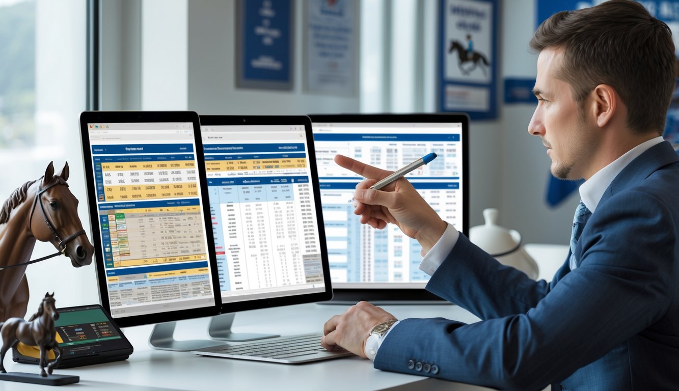 Seseorang yang sedang menganalisis data pacuan kuda dengan perangkat digital di meja kerja yang rapi.