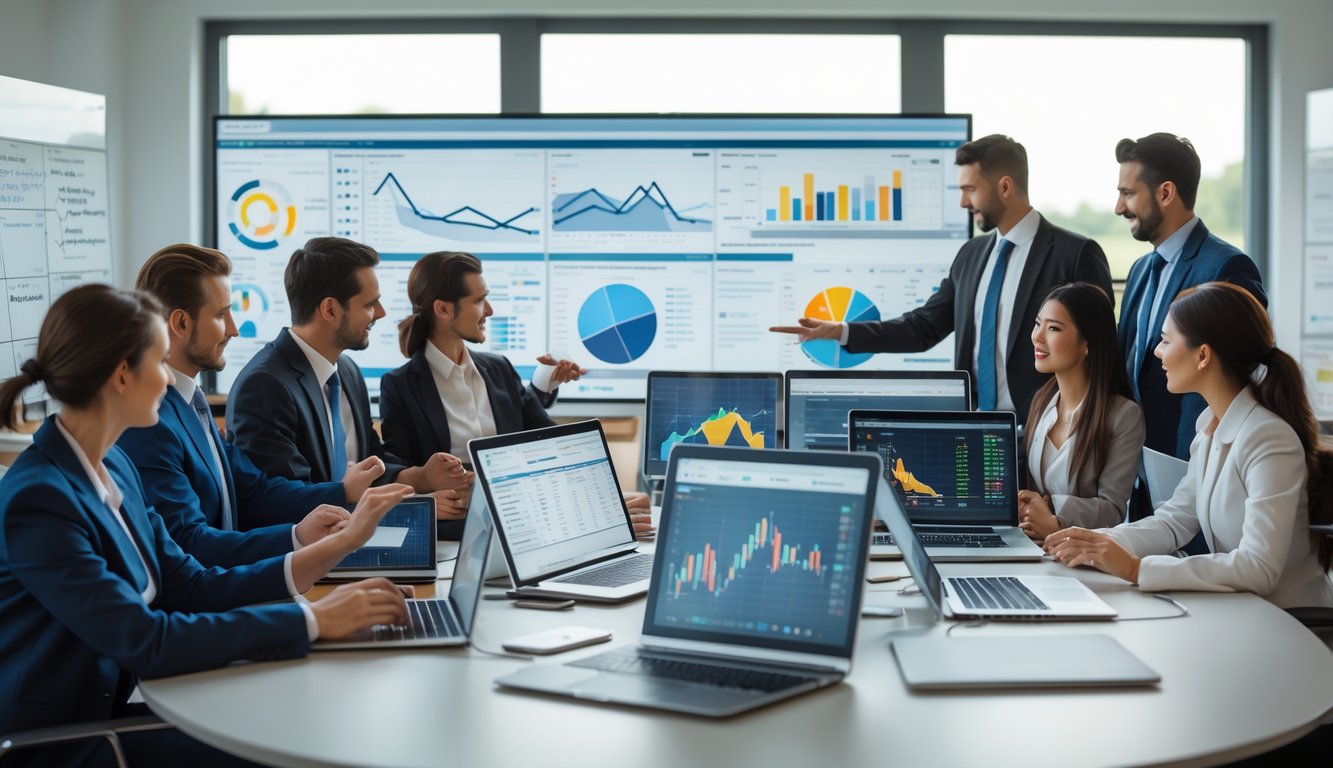 Sekelompok profesional sedang menganalisis data statistik pacuan kuda di ruang kantor dengan layar komputer dan grafik.