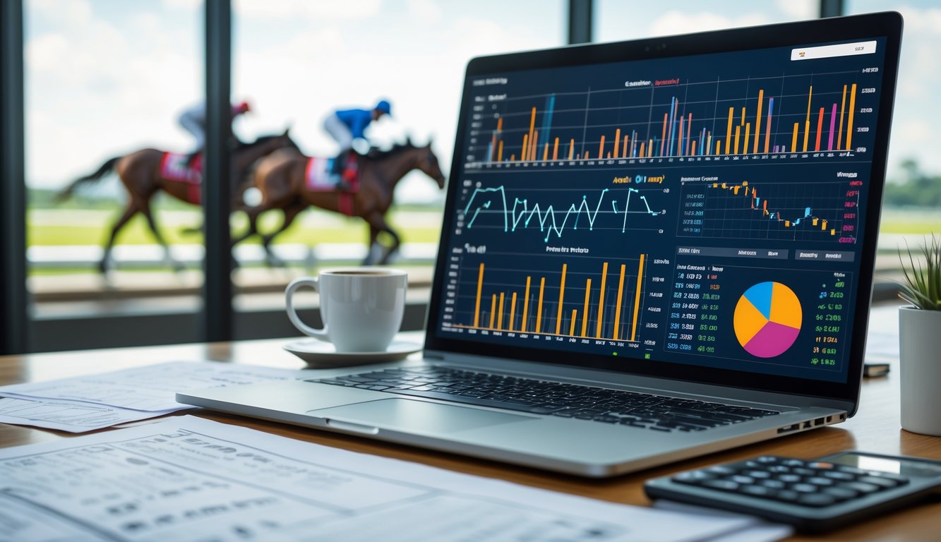 Meja kerja dengan laptop yang menampilkan grafik statistik pacuan kuda, kertas data, kalkulator, dan latar belakang lintasan pacuan kuda dengan kuda yang sedang berlomba.